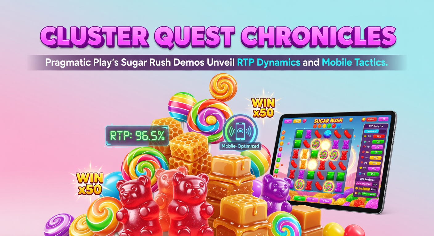 Vibrant Sugar Rush slot demo interface showing cascading clusters of candy symbols on a mobile screen, highlighting multiplier spots and RTP info overlay