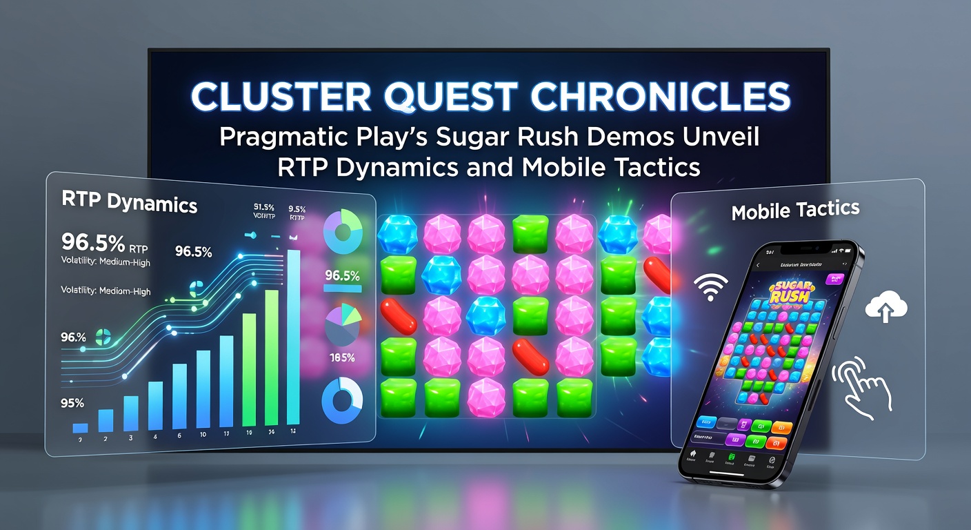Close-up of Sugar Rush mobile demo on a smartphone, displaying a massive cluster win with glowing multipliers and RTP stats in the corner