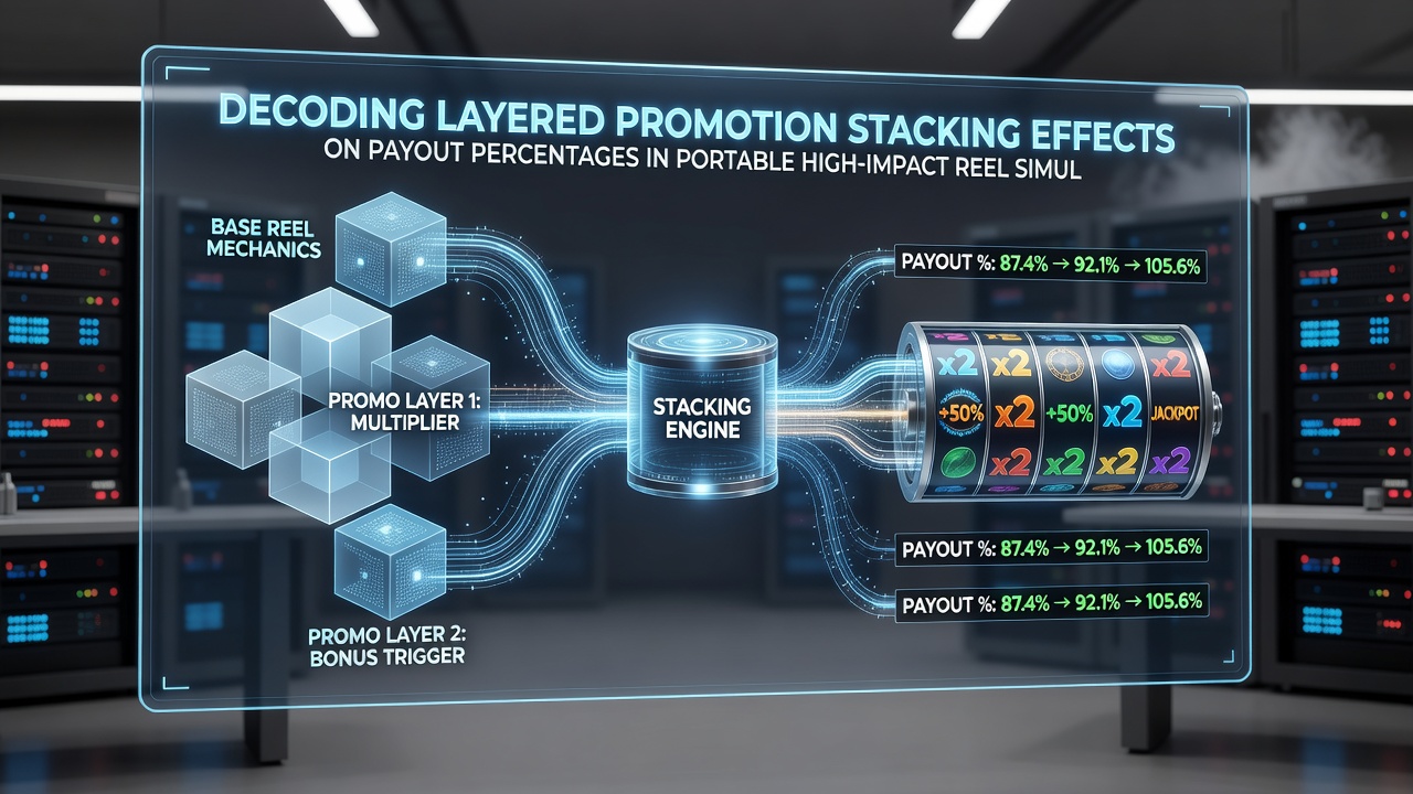 Mobile device displaying stacked promotion indicators alongside reel simulation payout data