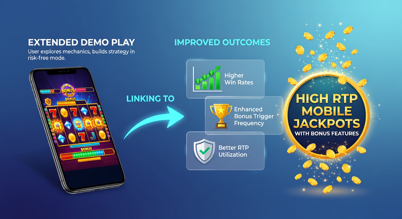 Mobile slot interface showing extended demo session with bonus feature activation on high RTP jackpot game