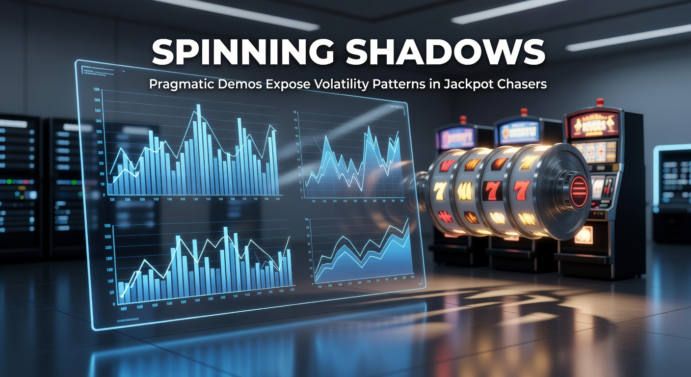 Dynamic slot reels casting shadows with jackpot symbols emerging in a demo interface, highlighting volatility swings