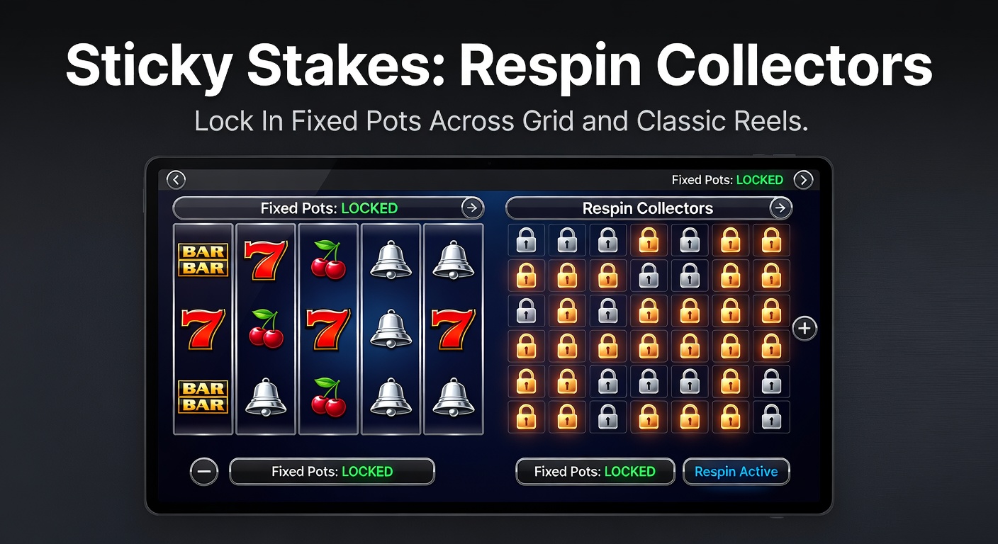 Vibrant slot screen showing sticky stakes locking symbols with respin collectors building fixed pots on a grid layout