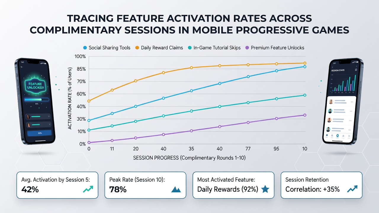 Analytics dashboard screenshot showing feature activation graphs and session statistics for mobile progressive games