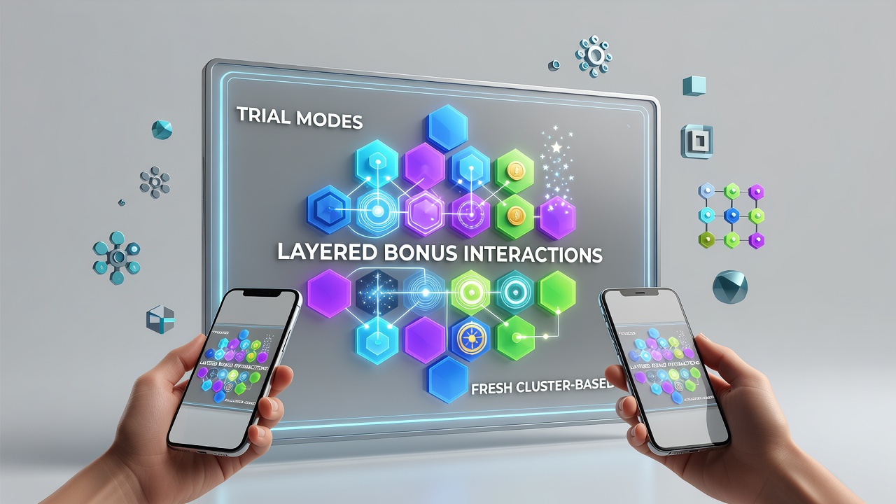 Mobile cluster slot interface displaying layered bonus symbols during trial mode gameplay